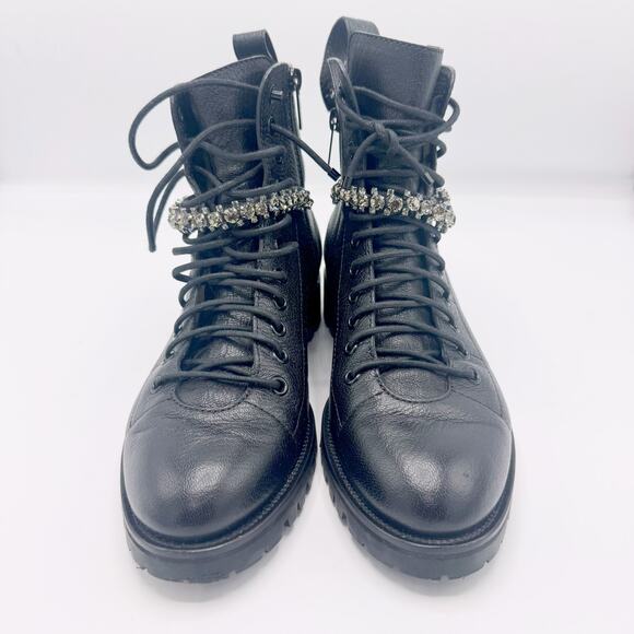 JIMMY CHOO Cruz Flat Black Grainy Leather Combat Boots with Crystal Detail - Picture 6 of 16